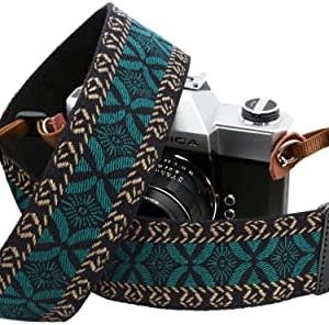 PADWA Mystic Green Embroidered Camera Strap - Double Layer Cowhide Ends,2" Pure Cotton Woven Camera Straps, Adjustable Vintage Neck & Shoulder Strap for All DSLR Cameras,Great Gift for Photographers