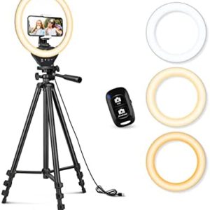 Sensyne 10'' Ring Light with 50'' Extendable Tripod Stand, LED Circle Lights with Phone Holder for Live Stream/Makeup/YouTube Video/TikTok, Compatible with All Phones